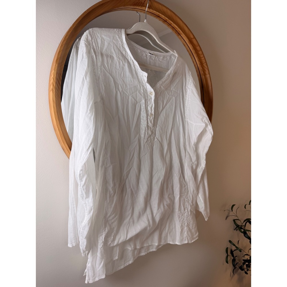 TAD‎ Tunic Women XL White Excellent Embroidered Henley Boho Long Sleeve Blouse - Picture 2 of 9